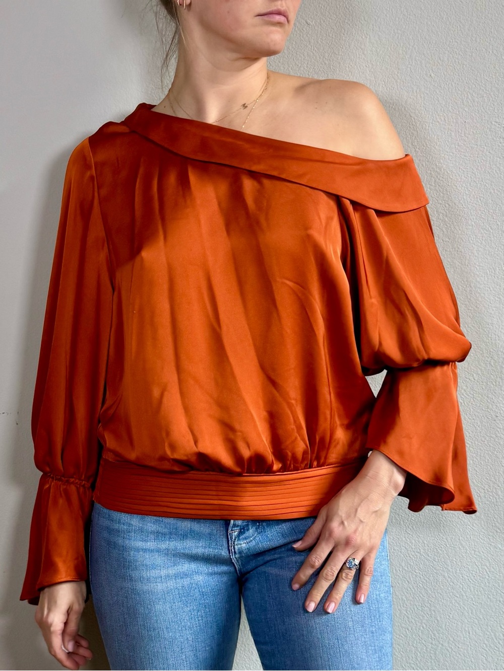 Ramy Brook One-Shoulder Satin Blouse in Burnt Orange